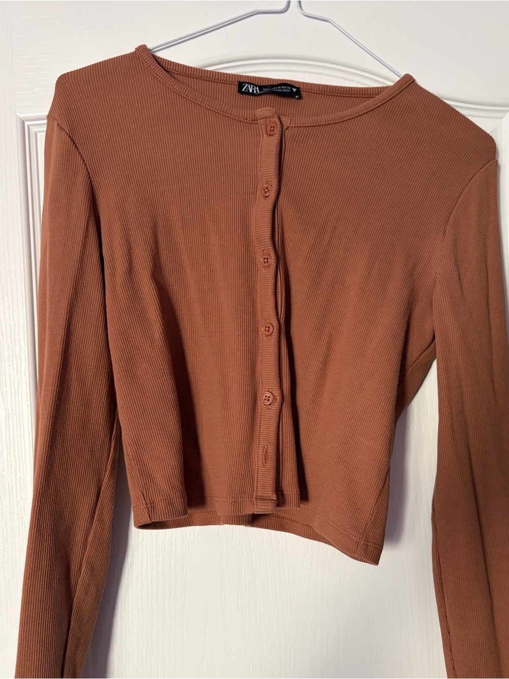Zara Button-Front Ribbed Long Sleeve Top - Rust Brown